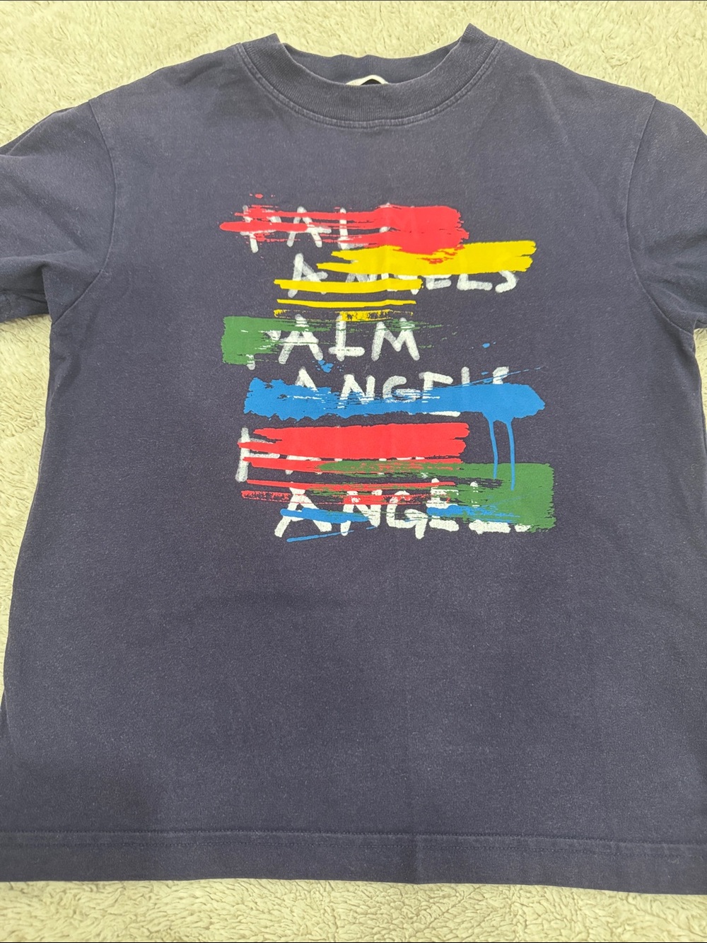 Palm Angels Kids Navy T-Shirt with Red Yellow Green Blue Paint Stripes